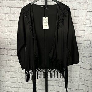 Zara Black Short Sleeve Shall with Beaded Shoulder Detail - XL (NWT)